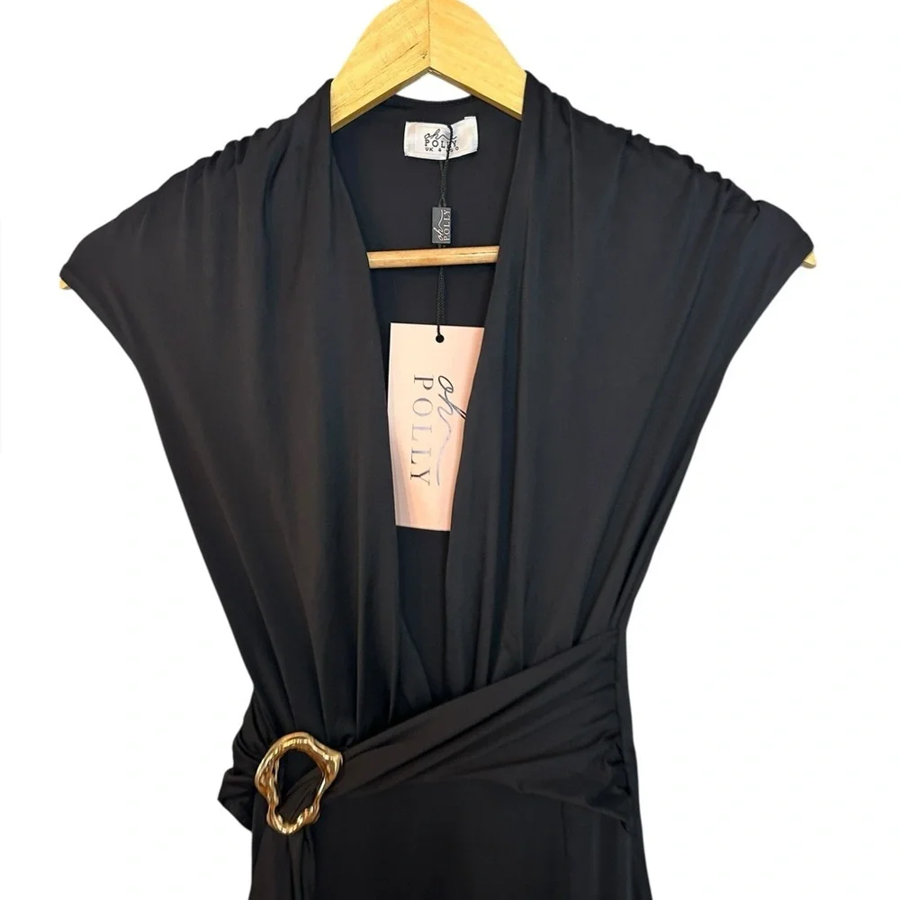 NWT Oh Polly Amalda Slinky Jersey Plunge Hardware Detail Maxi Dress in Black 0 - Picture 3 of 9